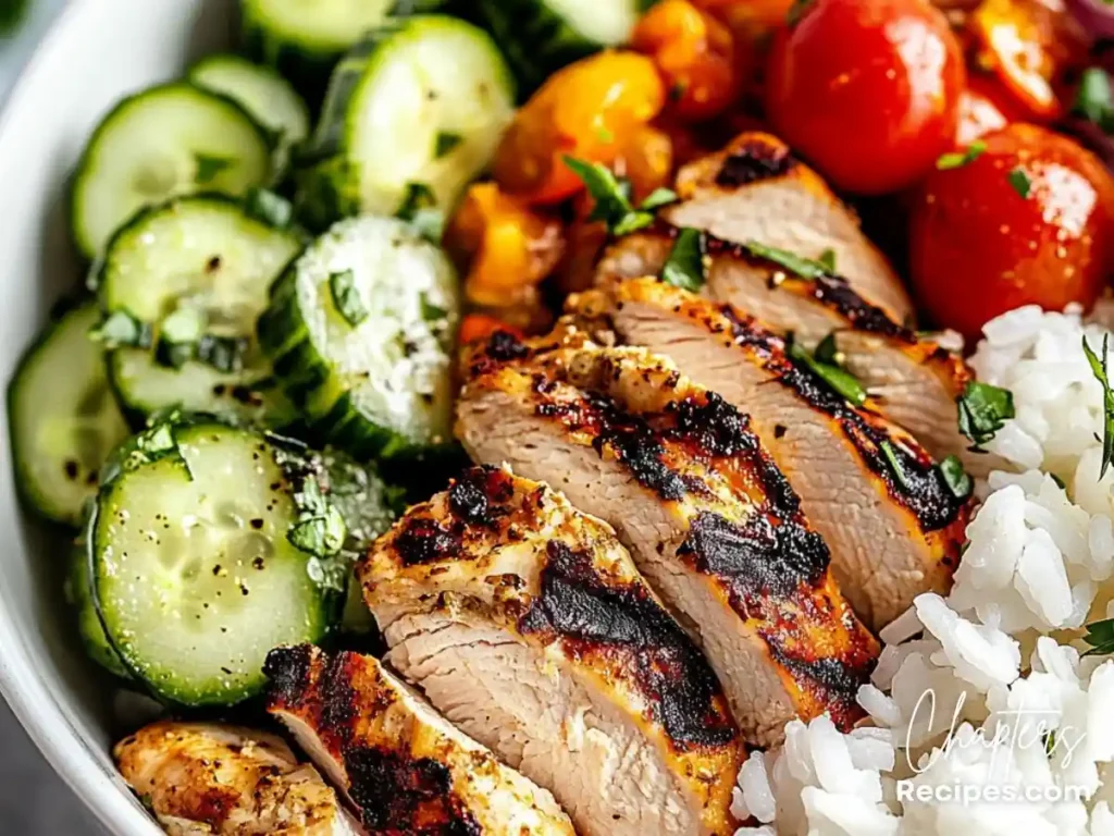 Healthy Greek Chicken Bowls with grilled chicken, white rice, seasoned cucumbers, cherry tomatoes, and fresh herbs.