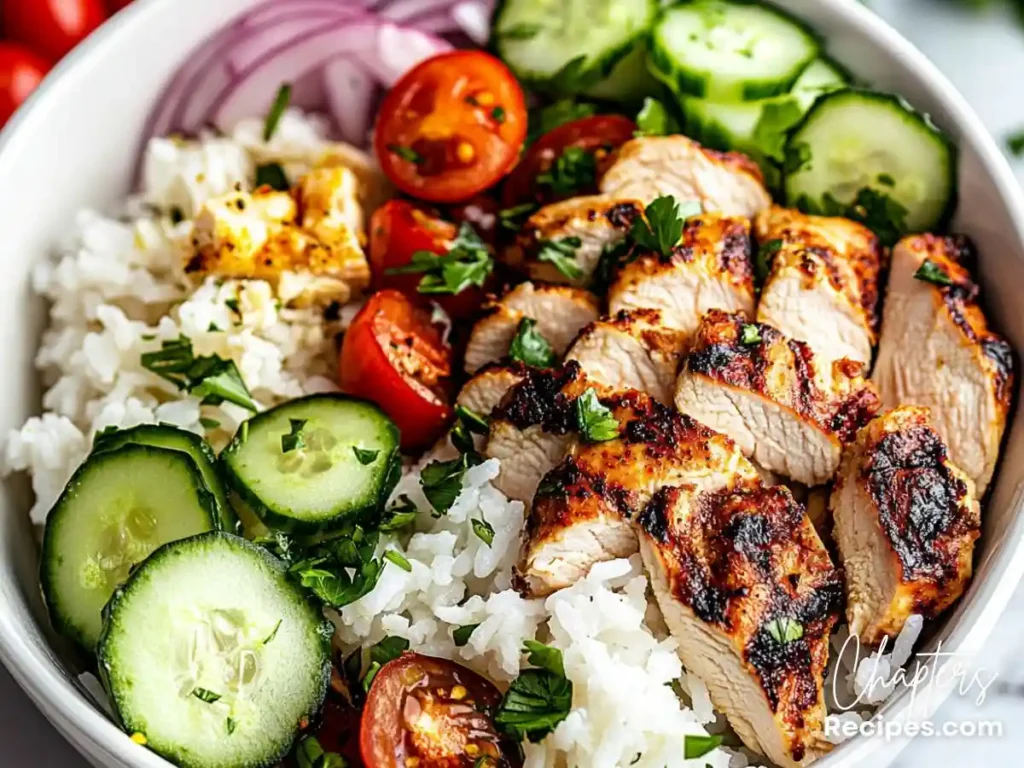 Healthy Greek Chicken Bowls Recipe with grilled chicken, white rice, sliced cucumbers, cherry tomatoes, red onions, and fresh parsley.