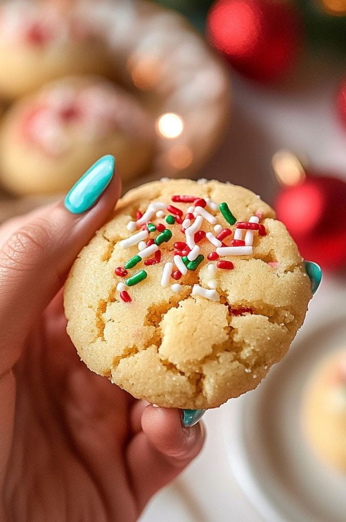  A hand holding a soft eggnog sugar cookie with red, green, and white sprinkles, surrounded by more cookies and festive holiday decorations.