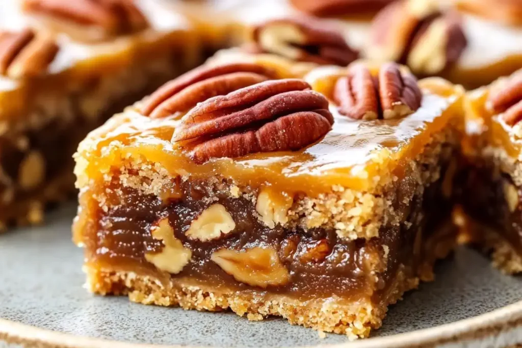 A close-up of Lazy Girl Pecan Pie Bars with a buttery crust, gooey caramel pecan filling, and toasted pecans on top.