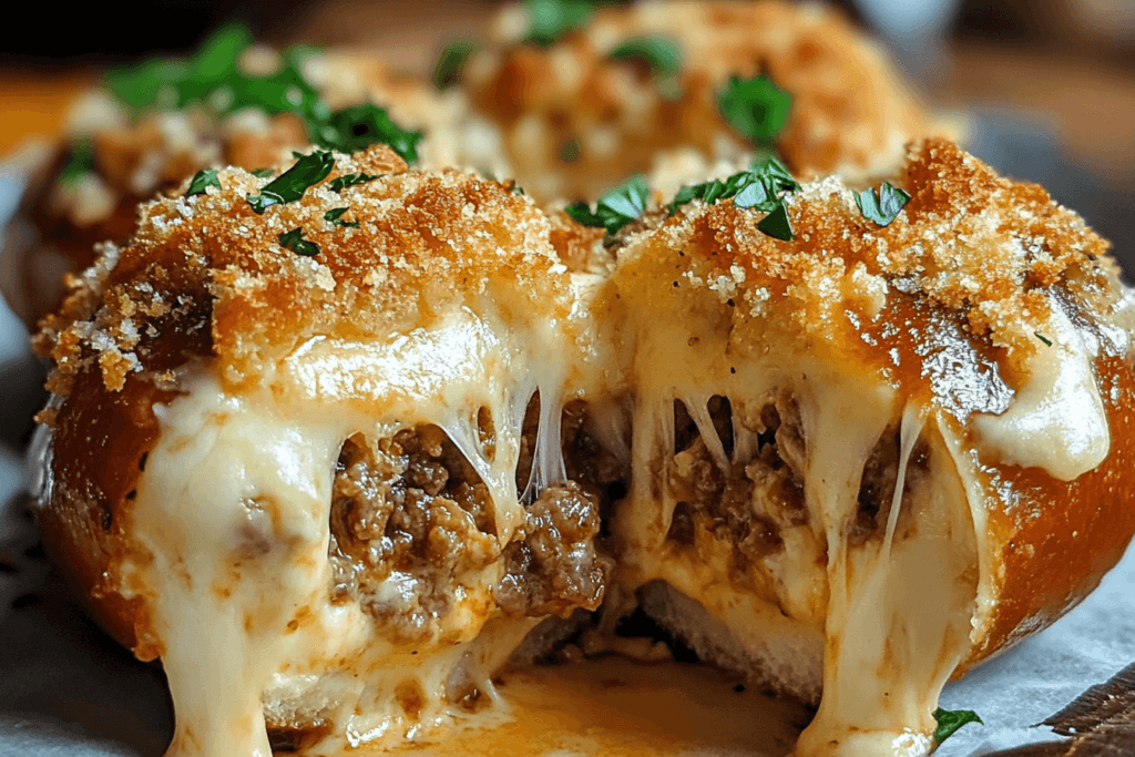 A close-up of a Parmesan Cheeseburger Bomb cut in half, revealing melted cheese and seasoned beef with a crispy breadcrumb topping.