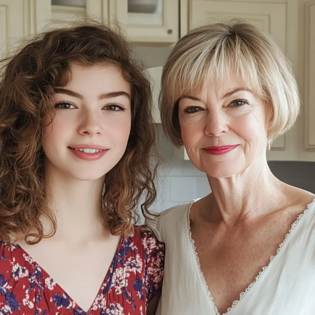 A warm and natural portrait of two women standing close together in a modern kitchen. The younger woman has curly brown hair and wears a red floral dress, while the older woman has short blonde hair and wears a white dress. Both are smiling gently, showing a close bond. The background features cream-colored cabinets and a cozy, well-lit atmosphere. The image has a soft, realistic style with natural lighting and sharp details.