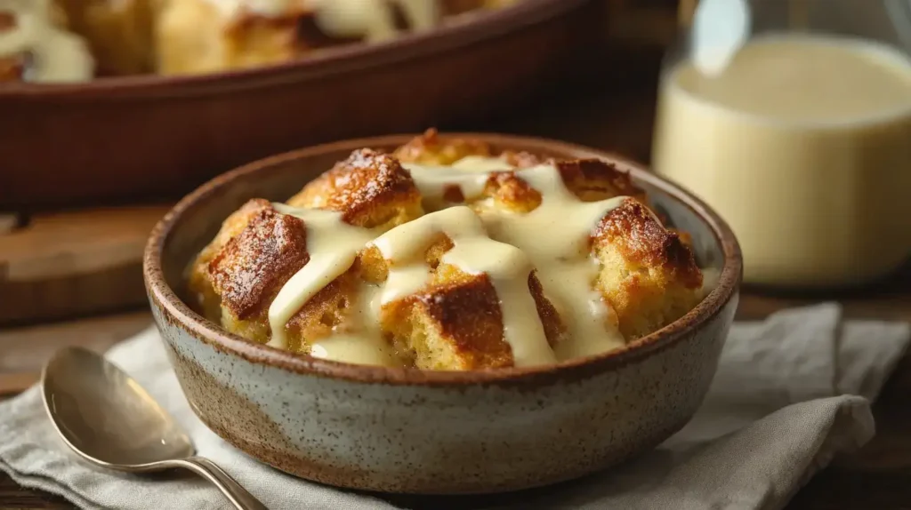 A warm serving of Old-Fashioned Bread Pudding with Vanilla Sauce, served in a rustic ceramic bowl with a spoon on a linen napkin. A jug of extra sauce and a baking dish in the background.