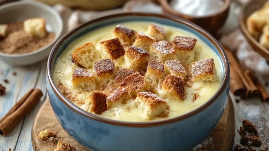  A bowl of old-fashioned bread pudding with vanilla sauce, topped with toasted bread cubes and a dusting of cinnamon, placed on a rustic wooden board with cinnamon sticks and sugar in the background.