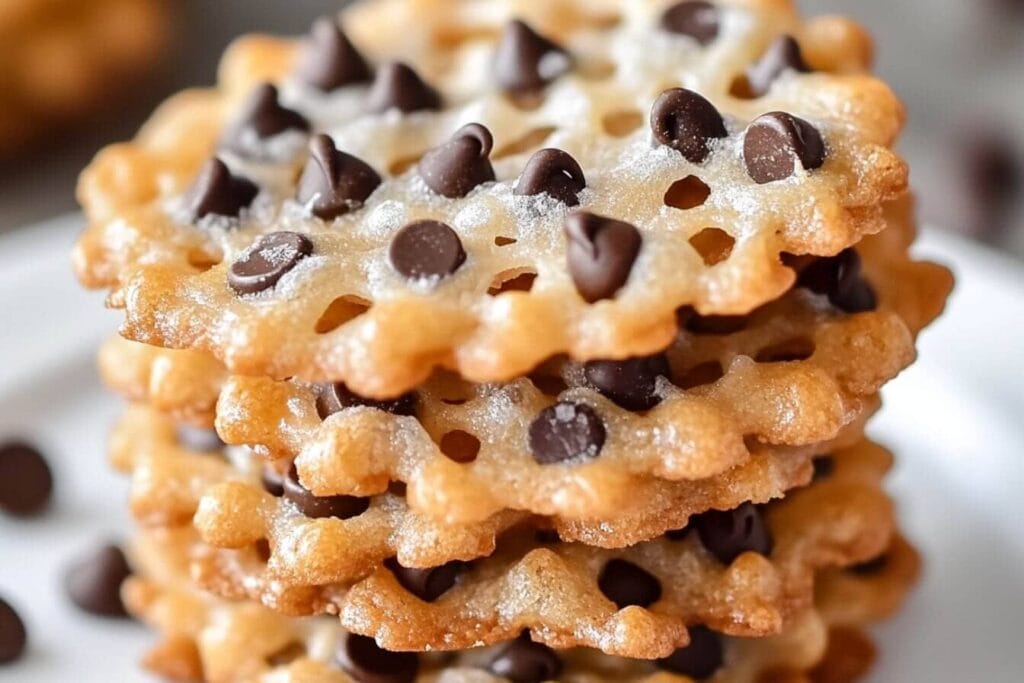 A stack of crispy Rice Krispie chocolate chip cookies with a delicate, golden texture and melted chocolate chips.