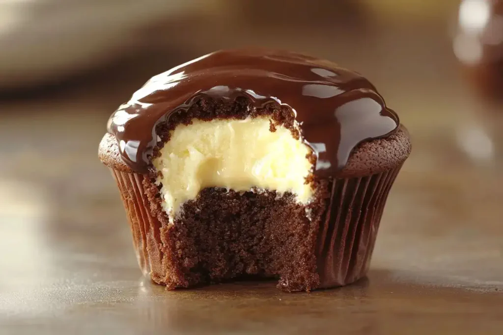 A close-up of a Boston cream cupcake with a bite taken out, revealing creamy vanilla filling and glossy chocolate ganache.