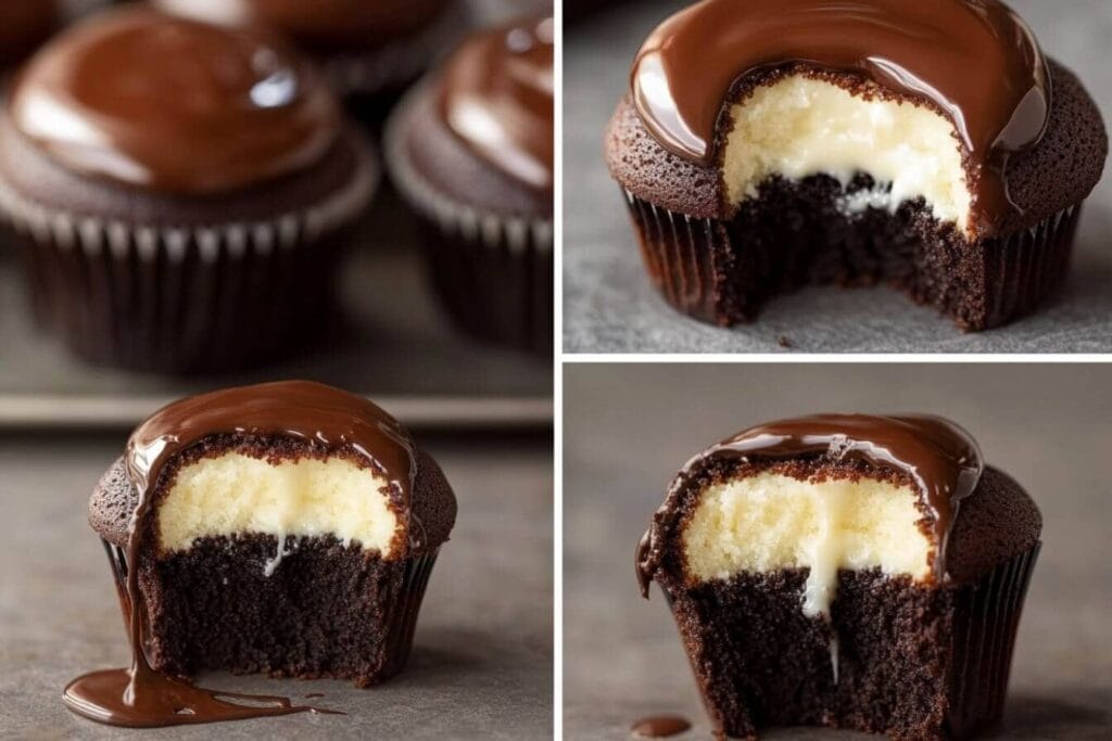 A collage of Boston cream cupcakes with chocolate ganache and creamy vanilla filling.