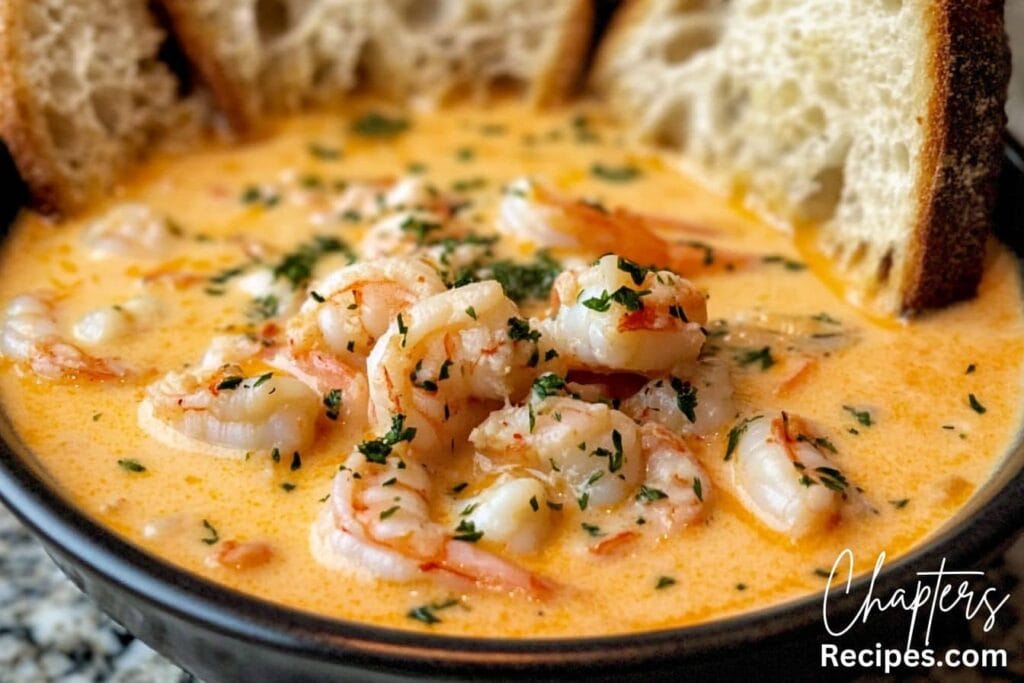 A creamy crab and shrimp seafood bisque in a black bowl, topped with tender shrimp, fresh herbs, and served with slices of toasted bread.