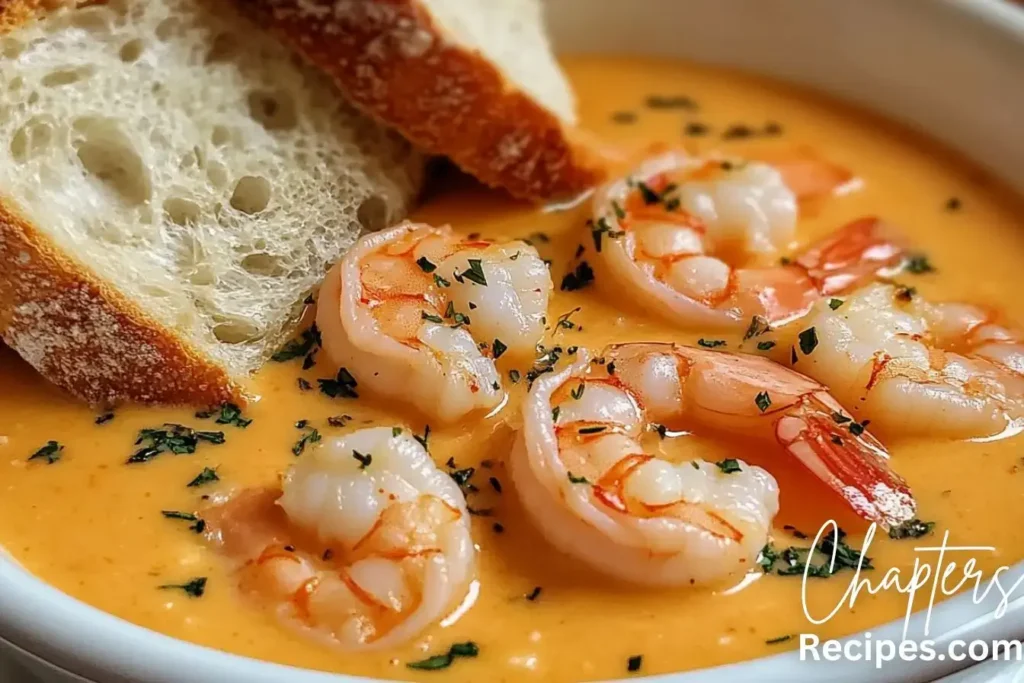 A bowl of crab and shrimp soup bisque with a creamy, golden broth, topped with shrimp and garnished with fresh herbs and toasted bread.