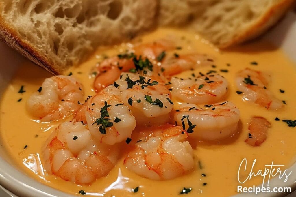 A rich and creamy crab shrimp bisque topped with tender shrimp, fresh herbs, and served with crusty bread.