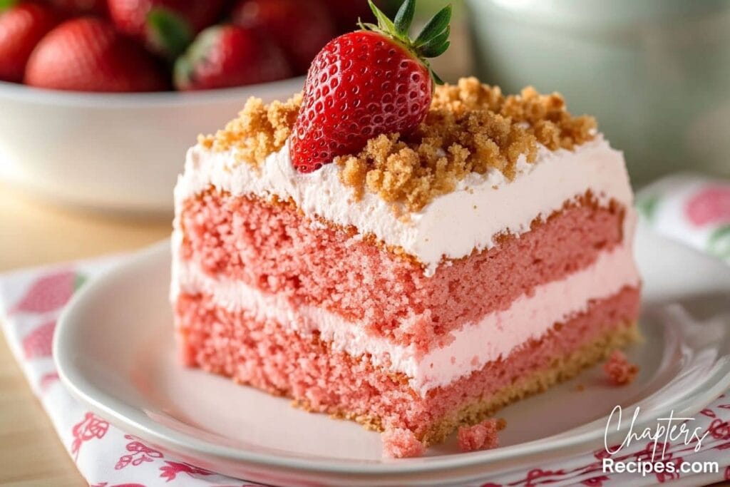 A slice of easy strawberry crunch cake with layers of fluffy pink cake, creamy frosting, and a golden cookie crumble, topped with a fresh strawberry.