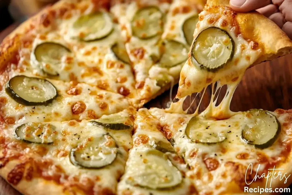 A close-up of a cheesy pickle pizza slice being lifted, with melted cheese stretching between slices.