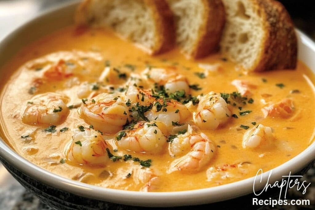  A bowl of shrimp and crab seafood bisque with a creamy, golden-orange broth, garnished with fresh herbs and served with toasted bread.