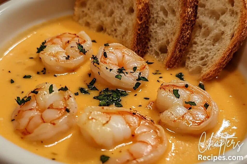 A creamy shrimp crab bisque garnished with grilled shrimp, fresh herbs, and served with toasted bread.