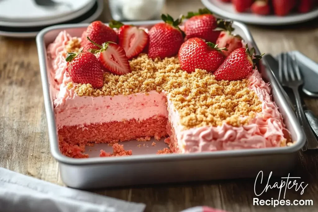 A freshly made strawberry crunch cake in a baking pan, topped with pink frosting, golden crumble, and fresh strawberries.