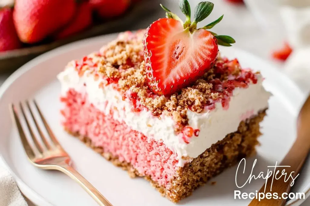 A slice of homemade strawberry crunch cake recipe with a golden brown crust, topped with whipped frosting, crunchy crumble, and a fresh strawberry half.