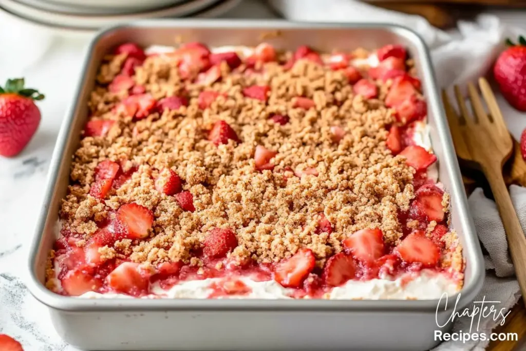 A freshly made strawberry crunch cake in a baking pan, topped with fresh strawberries and a golden crunchy crumble.