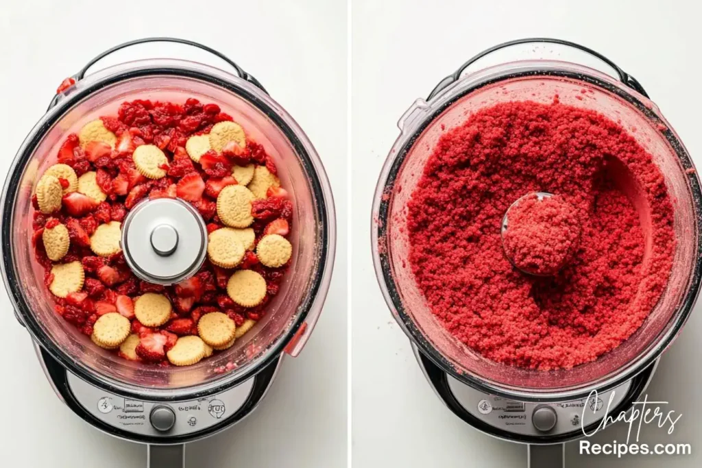 A two-step process of making an easy strawberry crunch topping in a food processor using Golden Oreos and fresh strawberries.