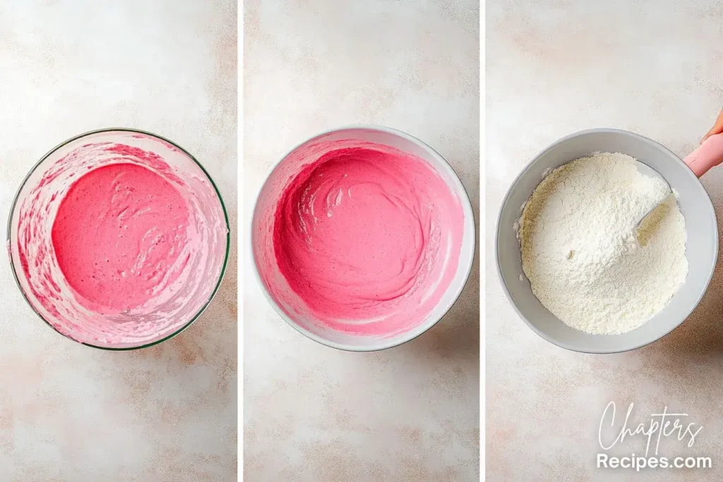 A three-step process of preparing strawberry Oreo cake batter, showing mixed ingredients, smooth pink batter, and flour being added.