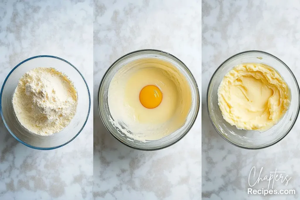 Three-step process of preparing strawberry shortcake crumble cake batter, showing dry ingredients, egg addition, and smooth mixed batter.