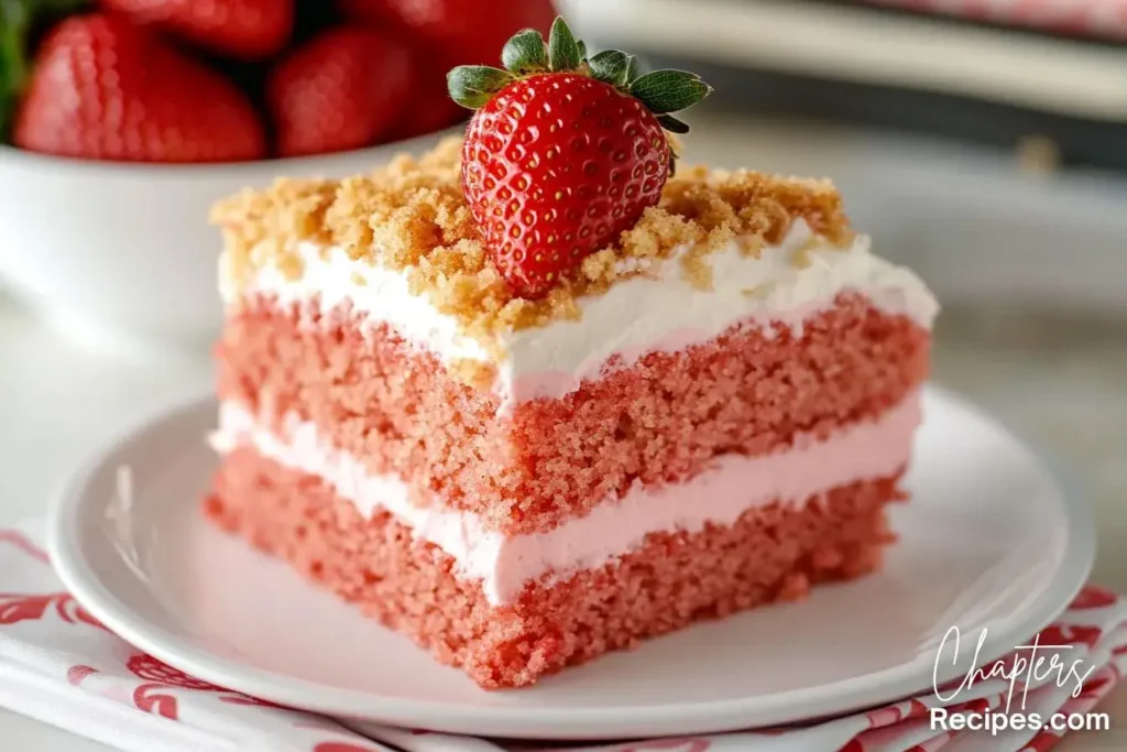 A layered strawberry shortcake crunch cake with creamy frosting, crunchy topping, and a fresh strawberry on top.