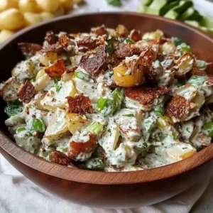 A creamy crispy potato salad garnished with crunchy potato skin chips and fresh herbs in a wooden bowl.